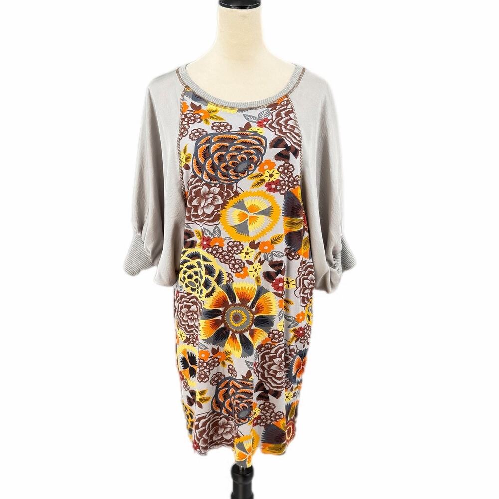 Uncle Frank Gray Brown Floral Dolman 3/4 Sleeve Shift Mini Boho Casual Dress
